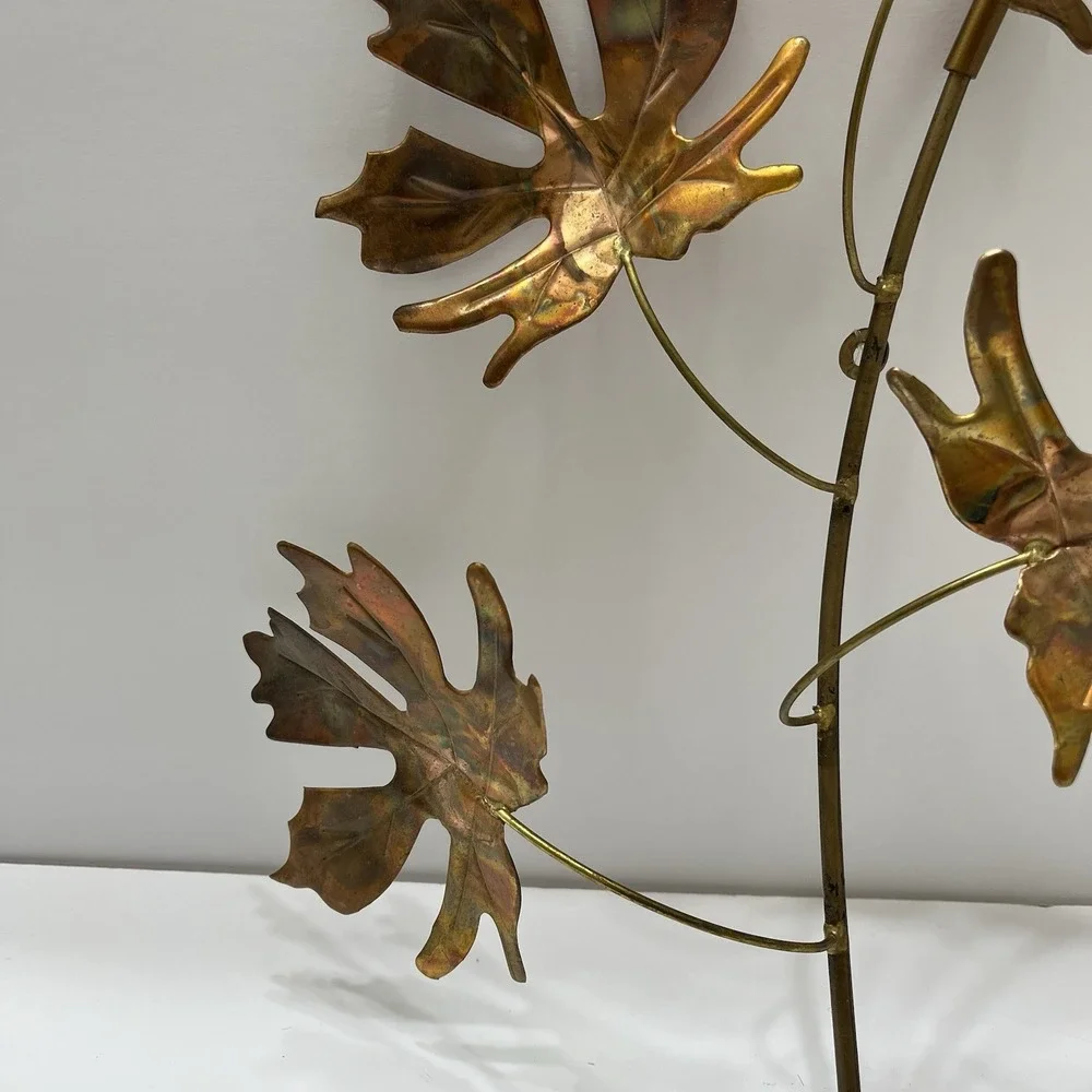 Vintage Brutalist-Style Wall Art Copper Toned Maple Leaves Metal Stem 12x15
